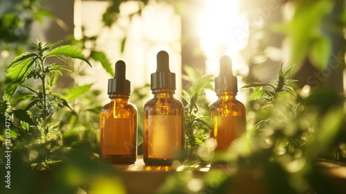 Three Amber Bottles of CBD Oil Amidst Lush Green Cannabis Plants