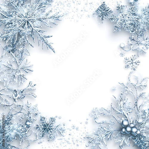 Frosted Christmas Frame with Snowflakes and Winter Decorations photo