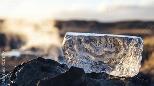 Icelandic Glacial Ice Block on Volcanic Rock: A Stunning Contrast of Nature's Elements photo