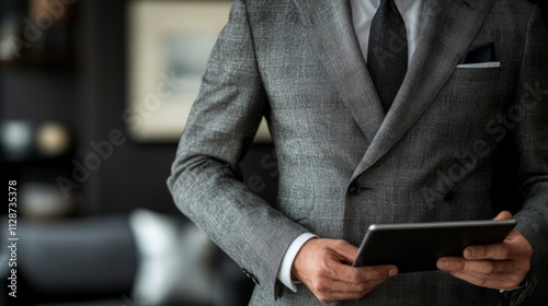 Man in Grey Suit Holding a Tablet