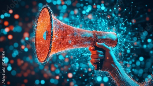 A Digital Megaphone with a Hand Holding it in Front of an Abstract Background