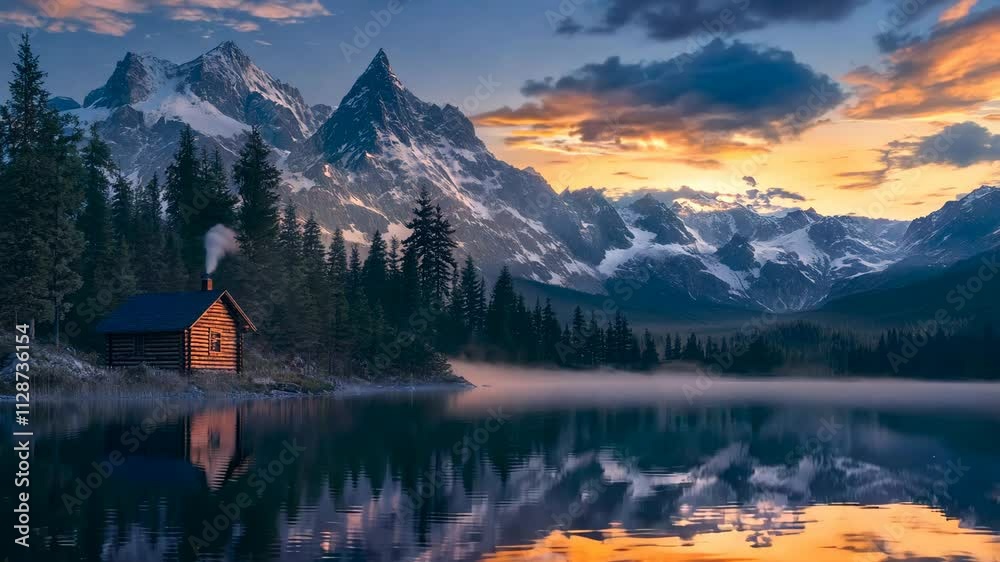 Breathtaking Mountain Landscape During Golden Hour With Serene Lake And Wooden Cabin Breathtaking Mountain Landscape During Golden Hour With Serene Lake And Wooden Cabin