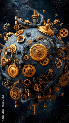 A steampunk planet adorned with intricate gears and mechanical elements.