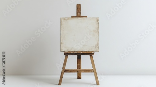 A natural wooden easel holding an empty canvas, isolated on a white backdrop, embodying artistic possibility and simplicity photo