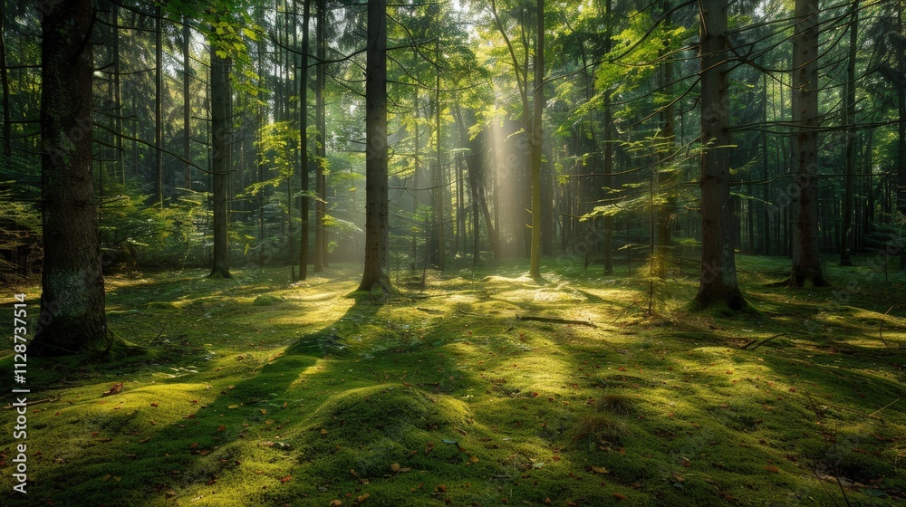 High-end photography of a tranquil forest with sunlight filtering through the trees and a carpet of green moss High-end photography of a tranquil forest with sunlight filtering through the trees and a carpet of green moss