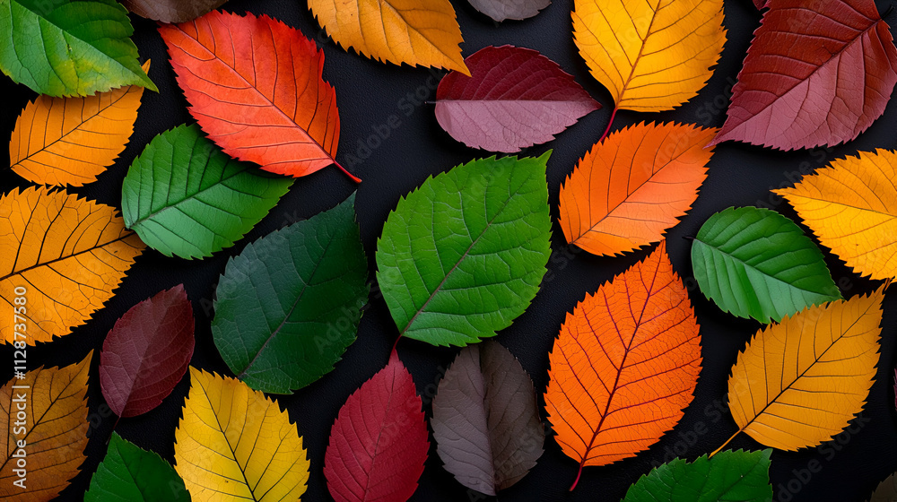 Vibrant autumn leaves in various colors arranged on a dark background, showcasing the beauty of fall foliage. Vibrant autumn leaves in various colors arranged on a dark background, showcasing the beauty of fall foliage.