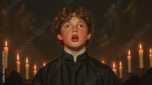 The calling of Samuel, young Samuel, startled and wide-eyed, listening to God's voice in the temple, the room dimly lit by oil lamps. photo