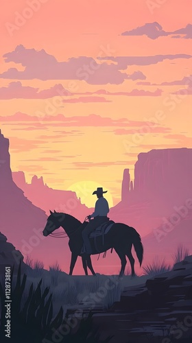 A simple vector illustration of a cowboy riding a horse in the sunset, with a mountains background