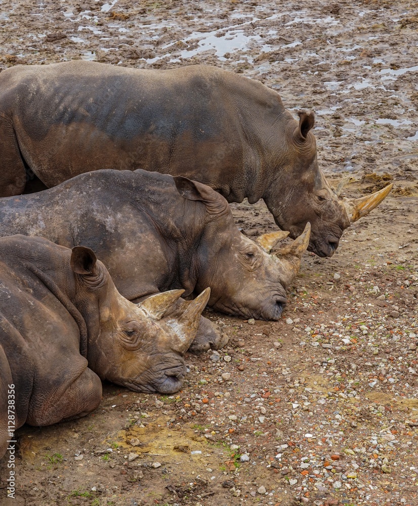 A group of three white rhinos relaxing in Safari Park Beekse Bergen, a zoo in the Netherlands (color) A group of three white rhinos relaxing in Safari Park Beekse Bergen, a zoo in the Netherlands (color)