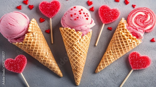 Pink ice cream conesred sugar hearts shaped sprinkles waffles and red lollipops Valentines day concept photo