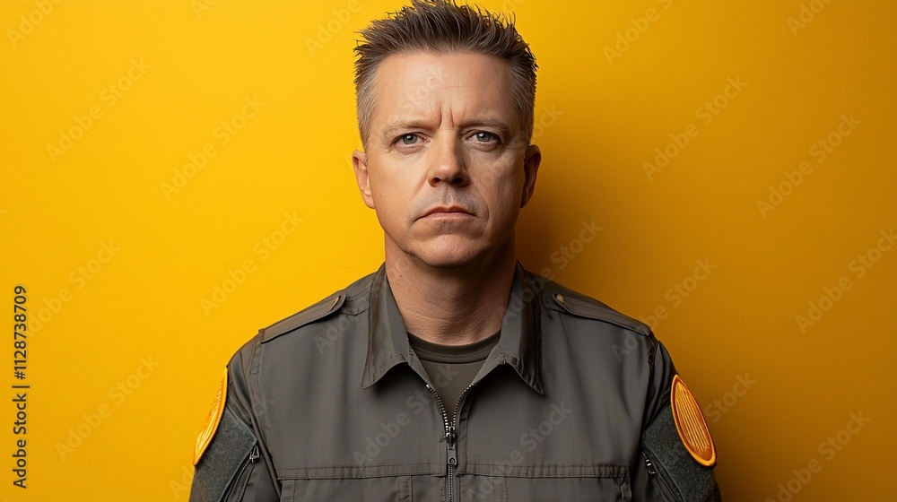Obraz premium Serious middle-aged man in military uniform against yellow background.