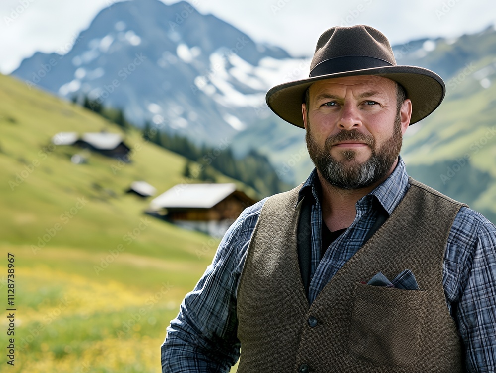 Man in traditional Swiss attire with vest and hat standing outdoors Man in traditional Swiss attire with vest and hat standing outdoors