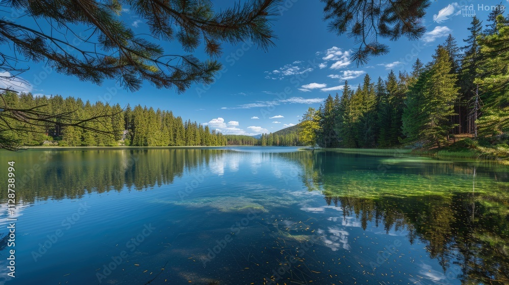 Fototapeta premium High-end photography of a tranquil lake surrounded by pine trees, with a clear blue sky and calm water