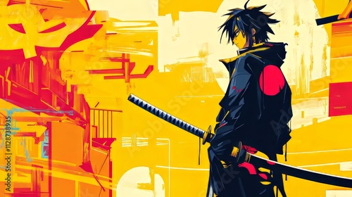 a man with a black jacket and a sword. modern anime character. yellow background