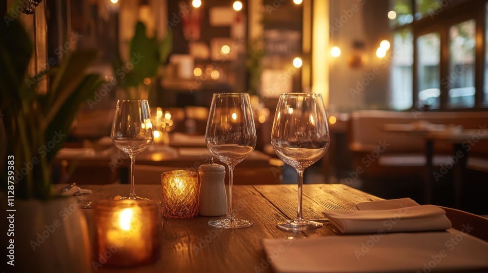 A wooden table set amidst a softly blurred restaurant background, where golden lights create a lively and inviting ambiance A wooden table set amidst a softly blurred restaurant background, where golden lights create a lively and inviting ambiance