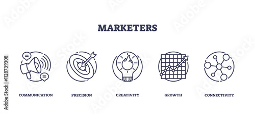 Marketing strategy icons include megaphone, target, lightbulb, graph, network, transparent background. Outline icons set.
