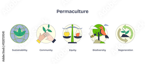 Permaculture icons depict sustainability, community, and biodiversity with scales, hands, and a bird, transparent background.