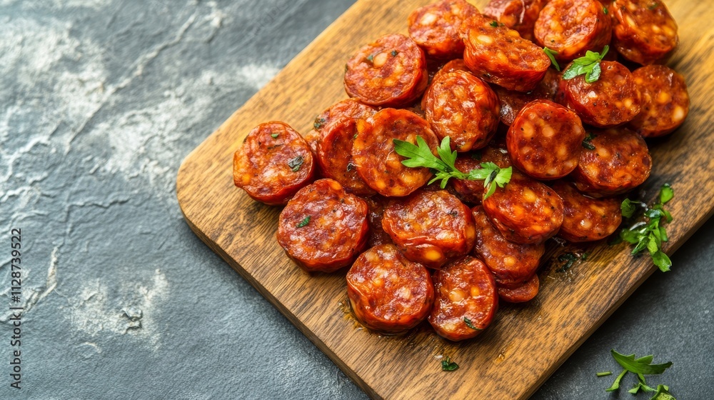 Spanish chorizo sausage on a wooden board banner menu recipe place for text top view