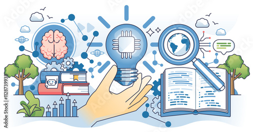 AI literacy involves understanding AI through symbols like a brain, light bulb, and magnifying glass, transparent background. Outline hands concept