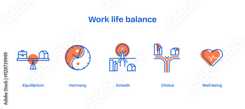 Work-life balance illustrated with scales, clock, and heart icons, transparent background.