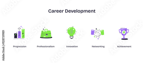 Career development depicted with icons of growth, innovation, and networking, transparent background. Playful style icons