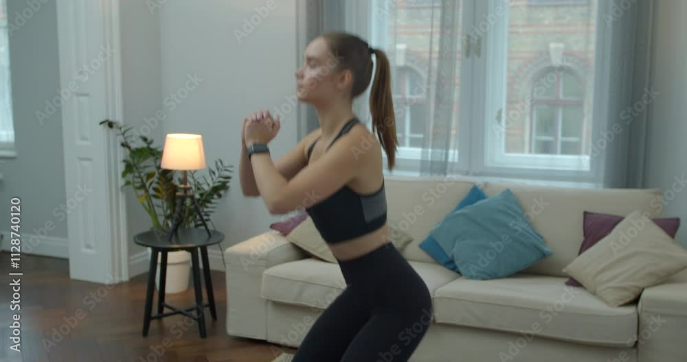 Athletic young woman is doing squats using rubber band training pumping glutes. Woman is doing fitness aerobic exercises for booty in living room. Healthy lifestyle. stretching, leaning forward Athletic young woman is doing squats using rubber band training pumping glutes. Woman is doing fitness aerobic exercises for booty in living room. Healthy lifestyle. stretching, leaning forward
