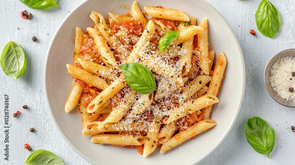 Delicious Penne Pasta with Tomato Sauce and Fresh Basil Leaves Delicious Penne Pasta with Tomato Sauce and Fresh Basil Leaves