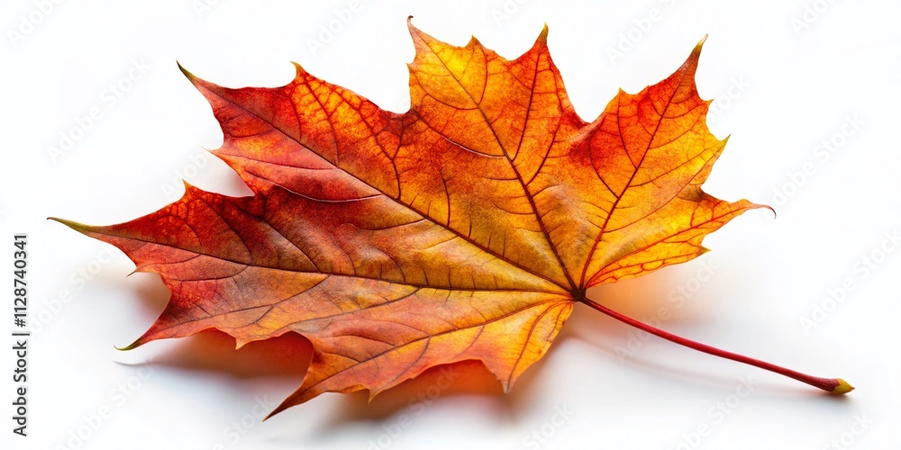 Fototapeta premium Captivating Low Light Photography of a Vibrant Autumn Maple Leaf Showcasing Rich Red and Orange Hues Against a White Isolated Background for Seasonal Aesthetic and Nature Lovers