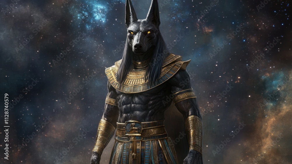 Anubis in ornate Egyptian attire, standing against a starry backdrop, exuding authority and mystique. Anubis in ornate Egyptian attire, standing against a starry backdrop, exuding authority and mystique.