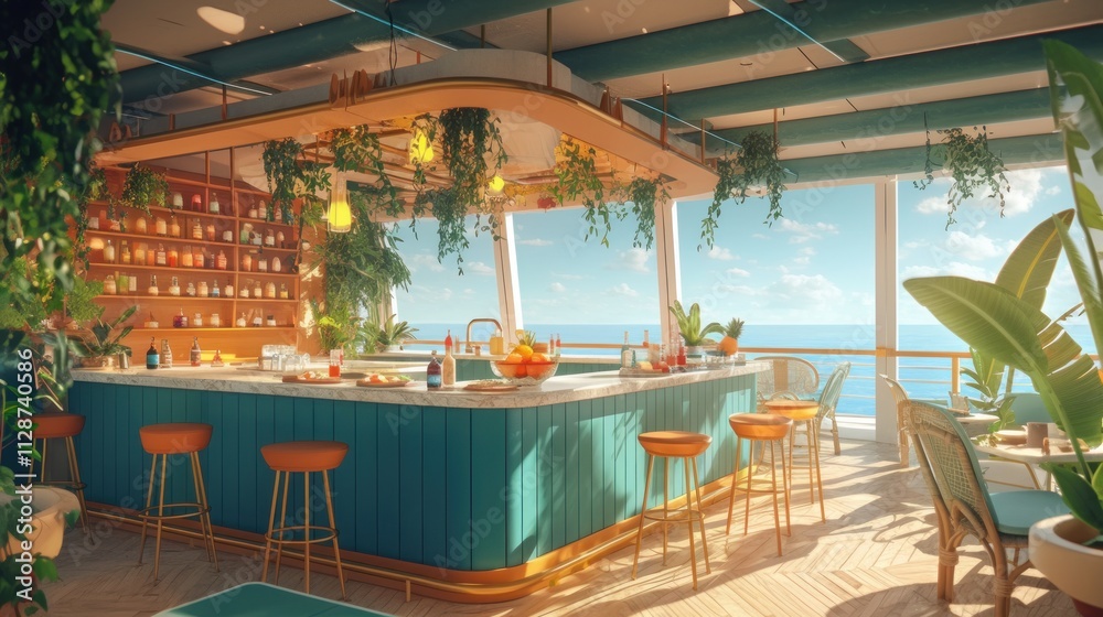 Fototapeta premium Ocean view bar with tropical plants and teal counter.