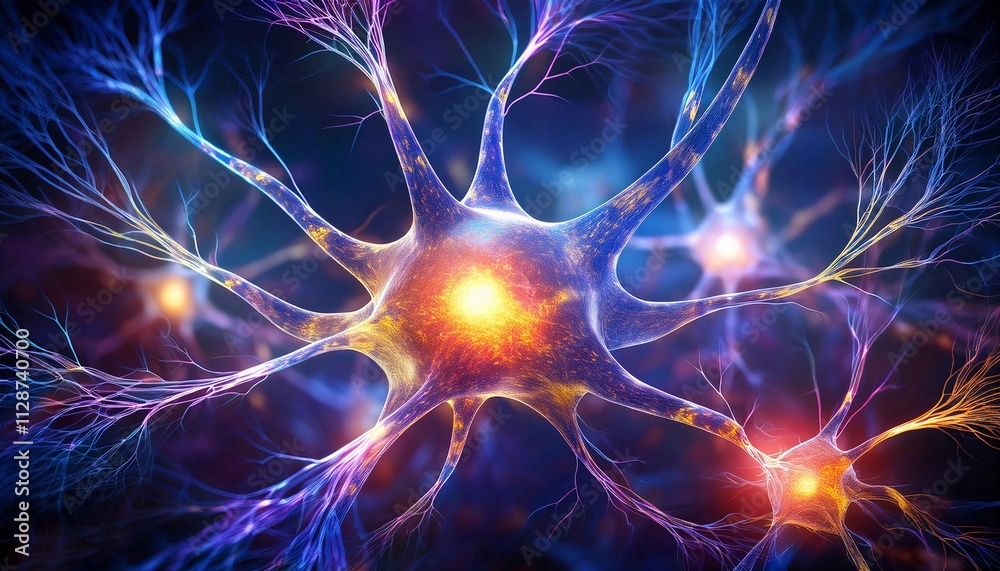 neurons cells with a glowing nucleus at the center, branching dendrites extending outward, and synaptic connections depicted in vibrant, luminescent colors.