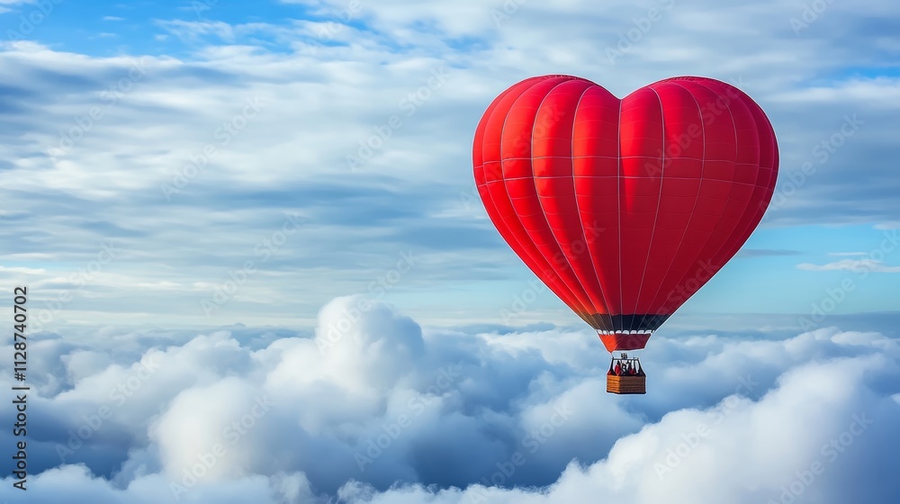 Fototapeta premium A hot air balloon in the shape of a red heart flies above the clouds Unusual date surprise lovers