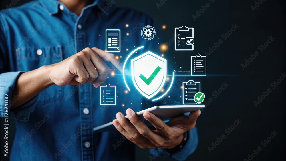 Professional using a tablet to manage data security with a glowing shield icon and compliance elements. Professional using a tablet to manage data security with a glowing shield icon and compliance elements.