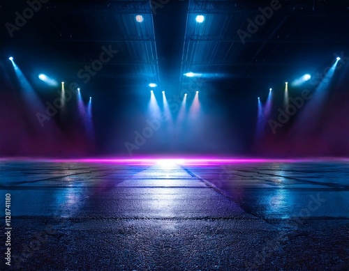 A stage illuminated with vibrant purple and blue lights  creating a dynamic and energetic atmosphere for the performance