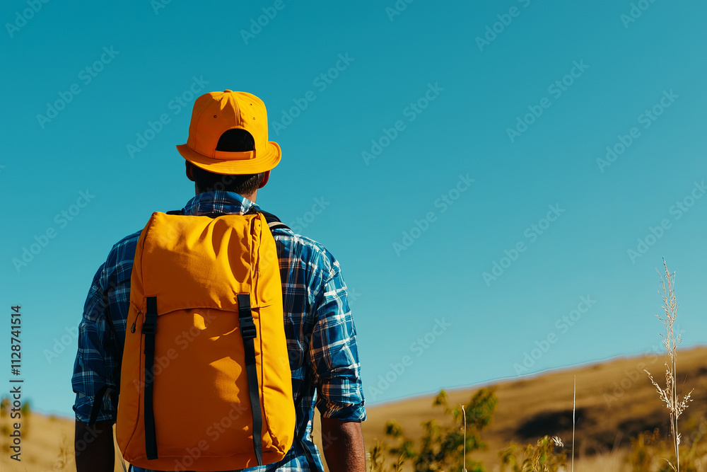 man wearing yellow backpack and cap stands in sunny outdoor landscape, gazing at clear blue sky man wearing yellow backpack and cap stands in sunny outdoor landscape, gazing at clear blue sky