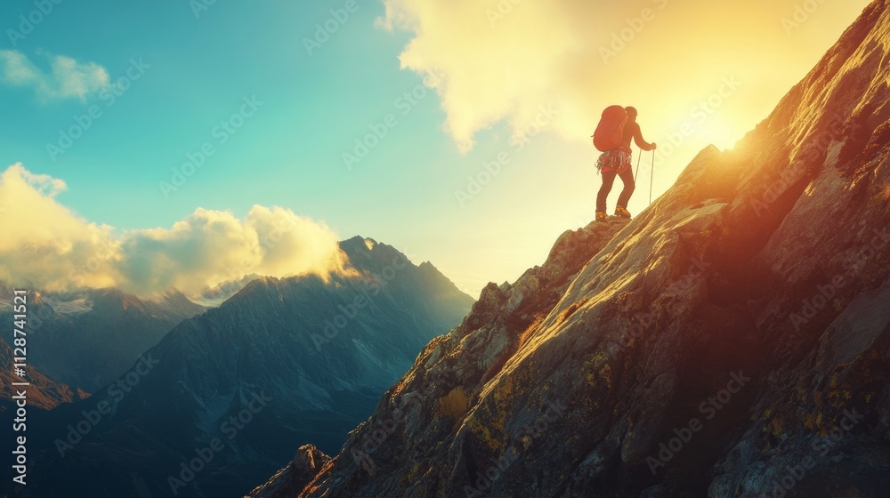 Obraz premium Mountain climbing journey symbolizing resilience and success, climbers steadily advancing, overcoming challenges with determination, breathtaking summit views, persistence through adversity,