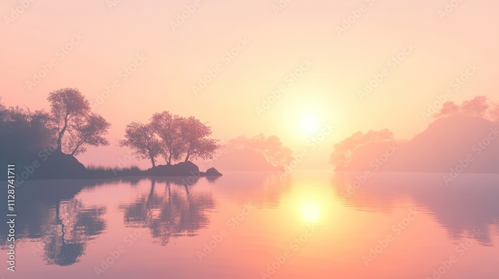 Naklejka premium Serene Sunset Landscape With Silhouetted Trees and Calm Water