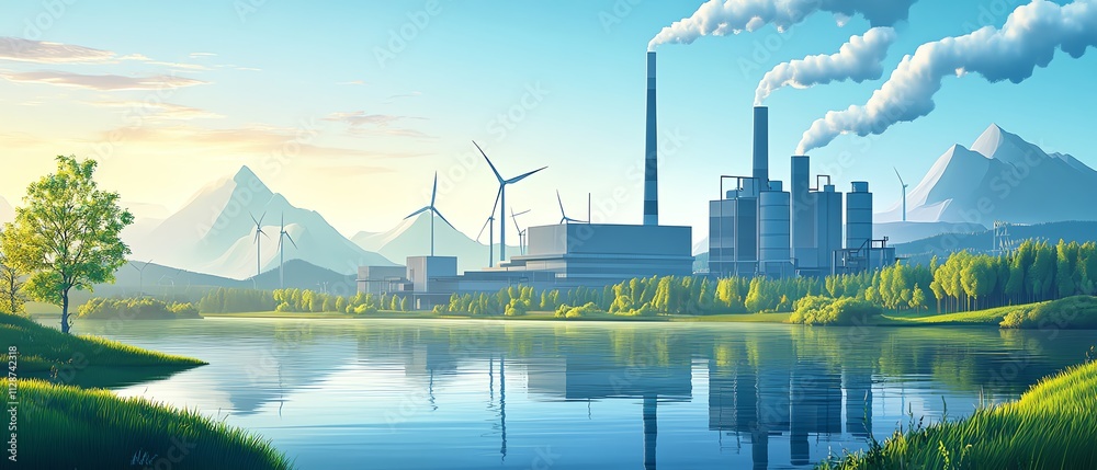 Naklejka premium Ecofriendly green hydrogen factory using wind and solar energy for sustainable hydrogen production, set in a clean natural landscape