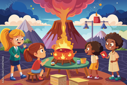 Children observing a volcanic eruption experiment