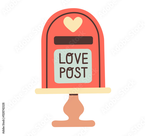 Valentine's Day mailbox in flat style, featuring vibrant red and pastel tones, with a heart symbol and Love Post text. Perfect for romantic themed designs and decorations.