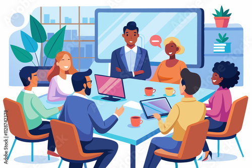 Diverse company employees having online business conference video call on tv screen monitor in board meeting room. Videoconference presentation, global virtual group corporate training concept