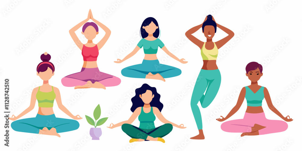A set of Women practicing yoga in various poses on a white background A set of Women practicing yoga in various poses on a white background