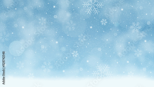 Winter snowflakes background with falling snowflakes on a blue sky for creating christmas card, invitation, or social media post.