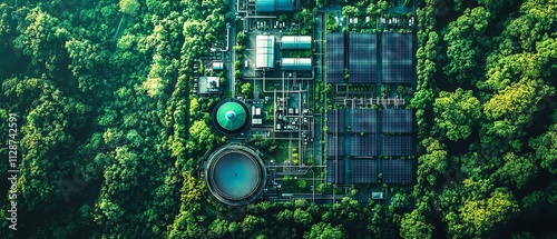 Futuristic green hydrogen production facility surrounded by nature, utilizing renewable energy sources for clean and sustainable energy solutions photo