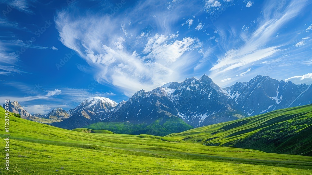 High-end photography of a serene mountain landscape with green meadows and snow-capped peaks under a blue sky High-end photography of a serene mountain landscape with green meadows and snow-capped peaks under a blue sky