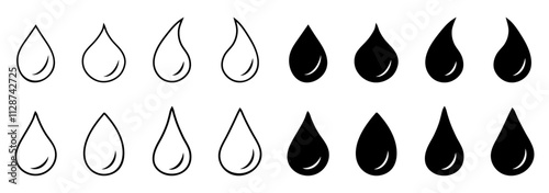 Waterdrop vector icon isolated set. Rain drip. Droplet sign. Water or oil drop symbol. Tear and oil icon set. Water splash. Raindrop. Drops. Fuel. Rain drop.