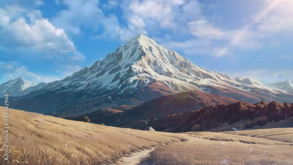 A serene mountain landscape with snow-capped peaks and a winding path through golden fields. A serene mountain landscape with snow-capped peaks and a winding path through golden fields.