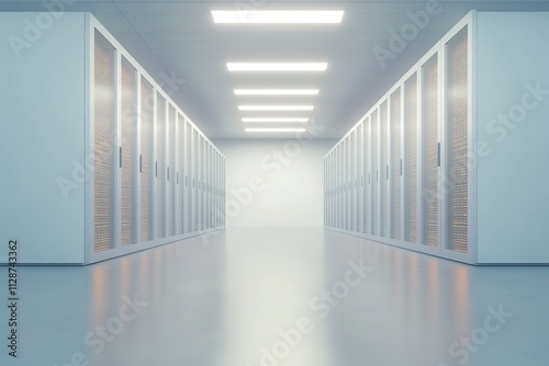 futuristic data center corridor filled with glowing server racks framed by soft ambient light