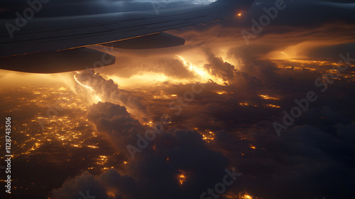 A powerful tornado lit by flashes of lightning as viewed from a cruising jet. photo