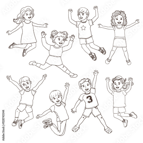 Happy Children Jumping Outline Illustration Set